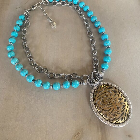 NWOT Patricia Nash Blue Howlite Beaded Silver tone Reversible Pendant Necklace - Picture 8 of 14